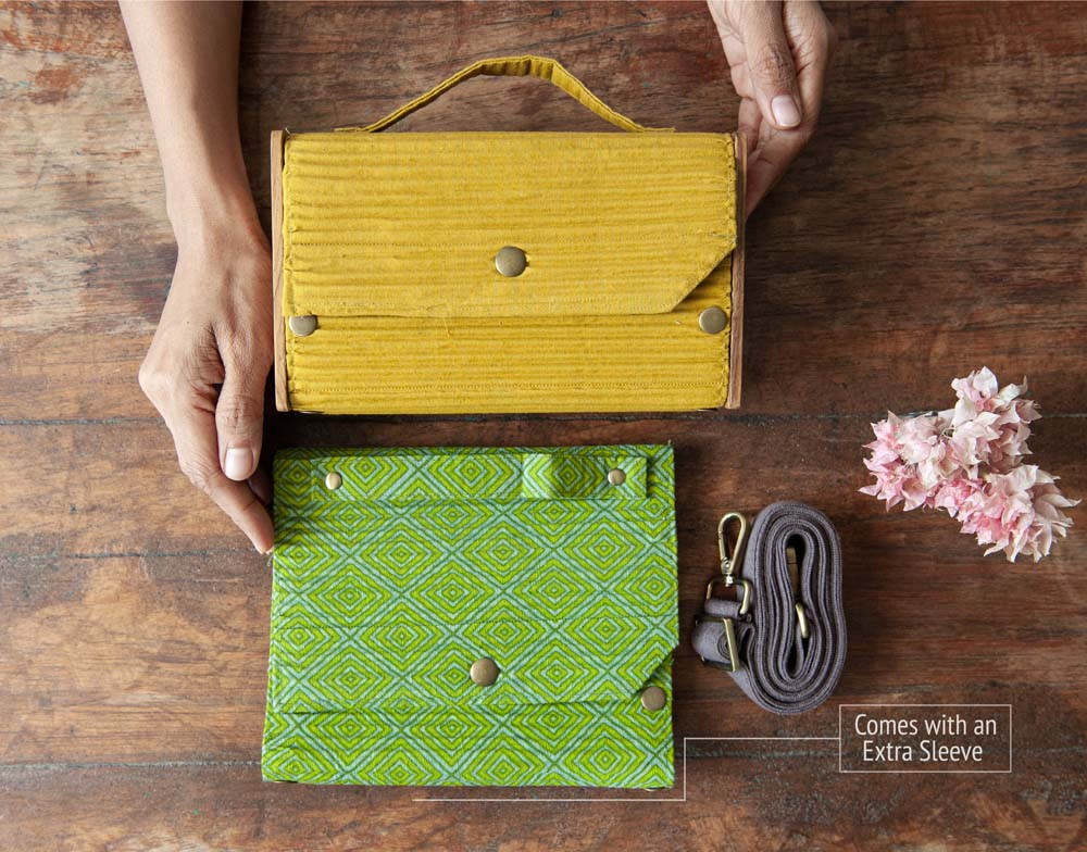 Box Sling Bag/Clutch with Changeable Sleeve (Geometric Green & Solid Yellow)