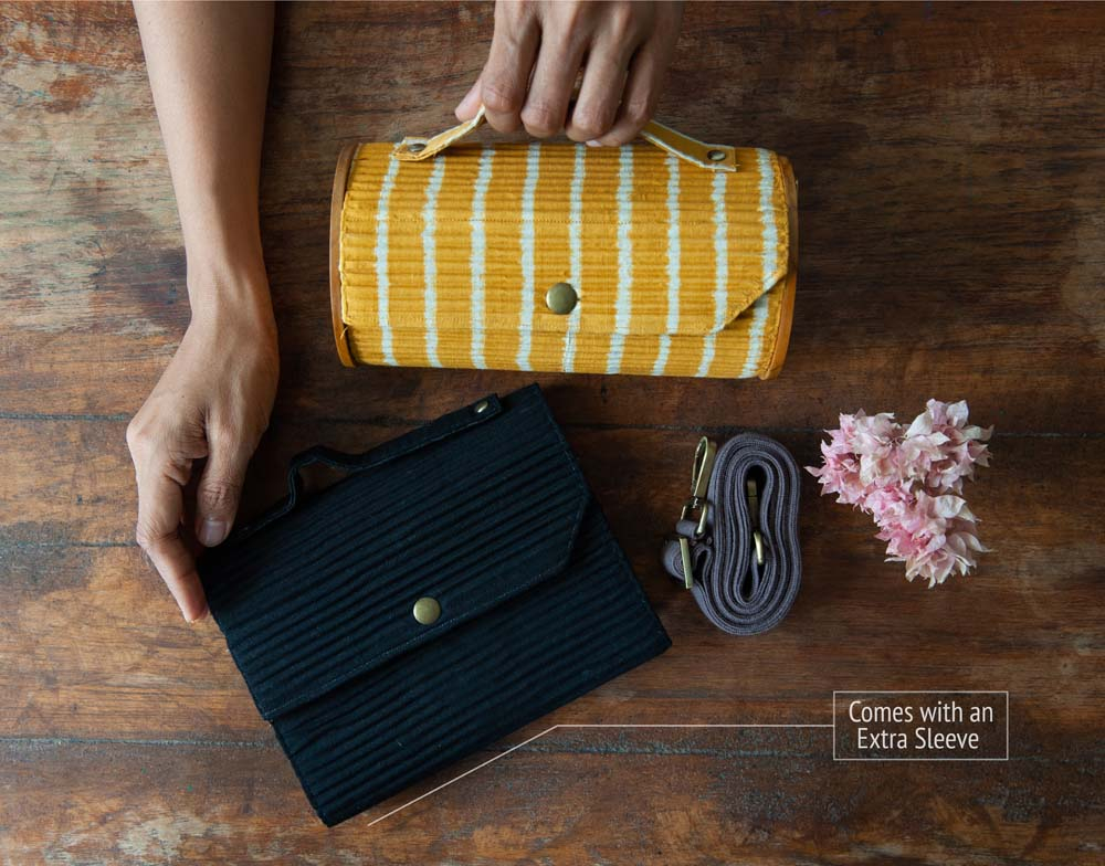 Round Sling Bag/Clutch With Changeable Sleeve (Yellow Single Line & Solid Black)