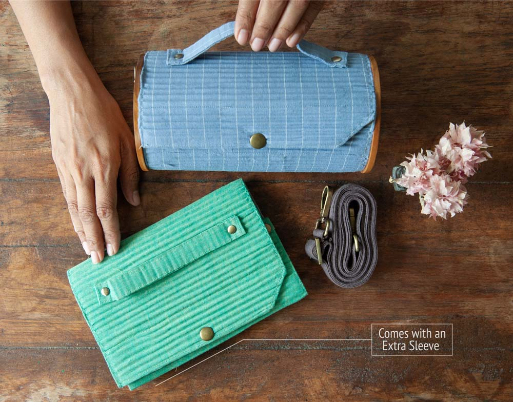 Round Sling Bag/Clutch With Changeable Sleeve (Sky Blue Lines & Solid Sea Green)