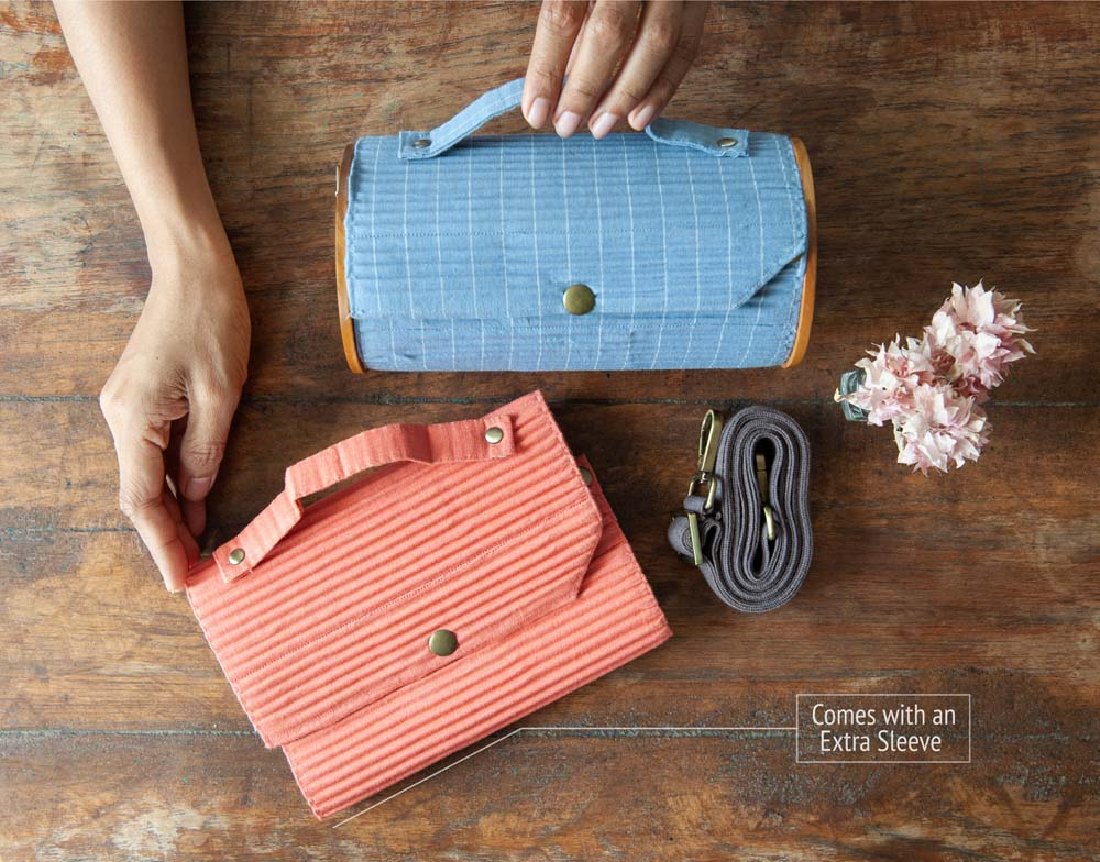 Round Sling Bag/Clutch With Changeable Sleeve (Solid Coral & Sky Blue Lines)