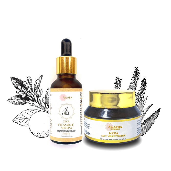 Amayra Naturals FIGHT EFFECTS OF POLLUTION – VITAMIN C SKIN BOOSTER BUNDLE – 15% Vitamin C Serum, Brightening Face Wash Powder [3-in-1] – Aloe, Turmeric, Cucumber | 30ml + 25gm