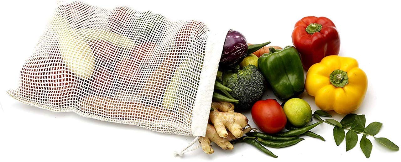 6 Piece Eco-Friendly Mesh Cotton Vegetable Fridge Storage Bag, Cream