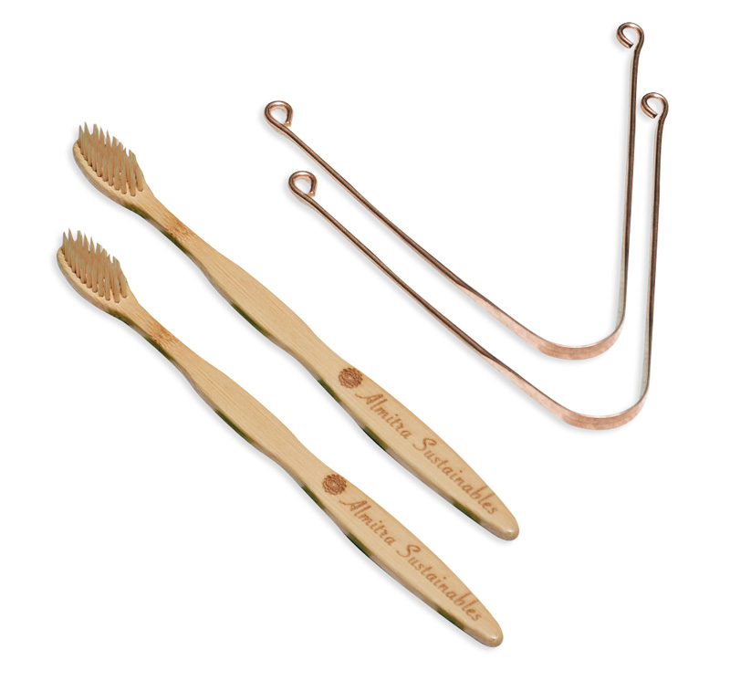 Oral Care Set – Bamboo Bristle Toothbrush and Copper Tongue Cleaner (Pack of 2)