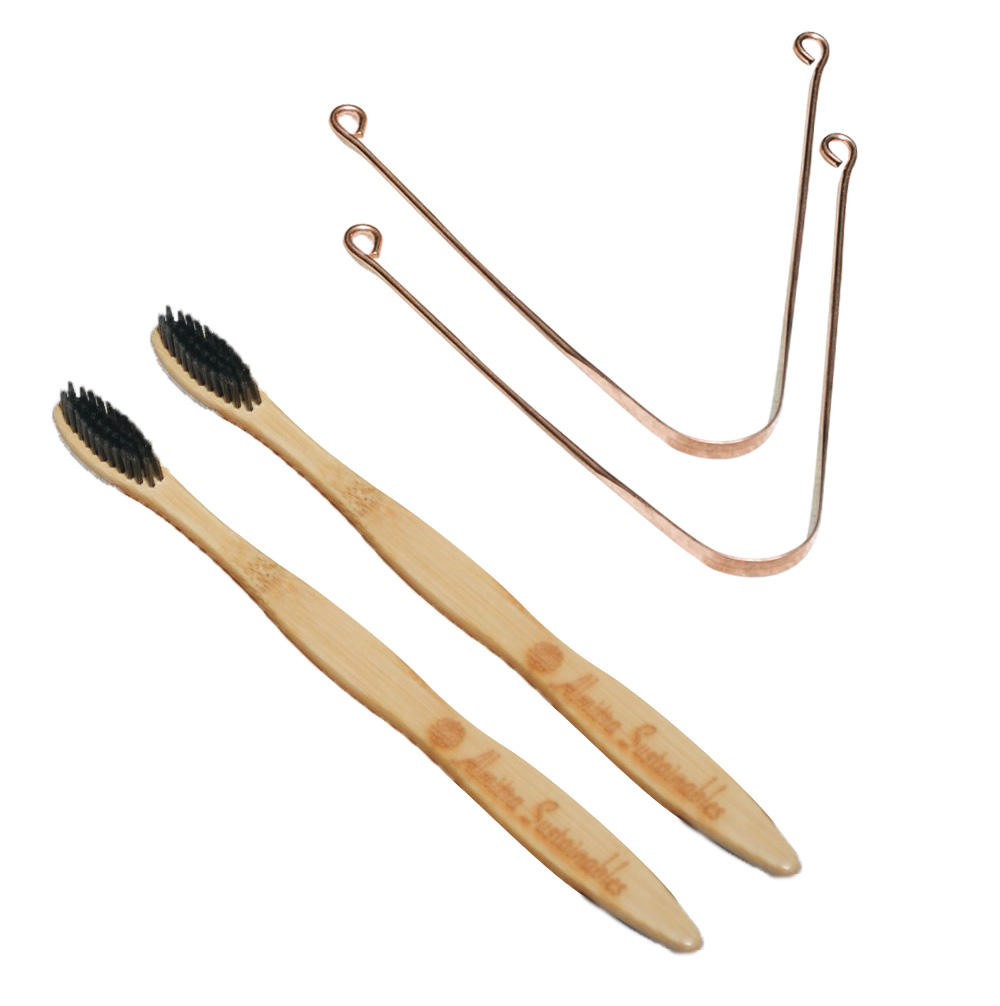 Plastic-free Oral Care Set – Charcoal Bamboo Toothbrush and Copper Tongue Cleaner (Pack of 2)