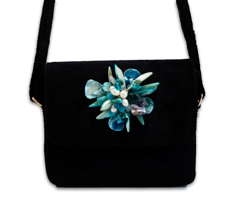 Black Sling Bag With Sky Blue Motif