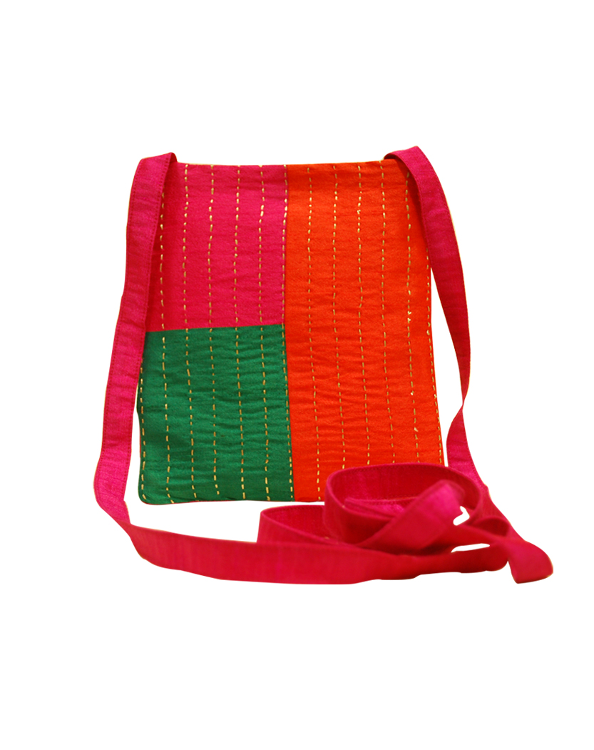 Handcrafted Kantha Sling Bag (Pink/Green/Orange)