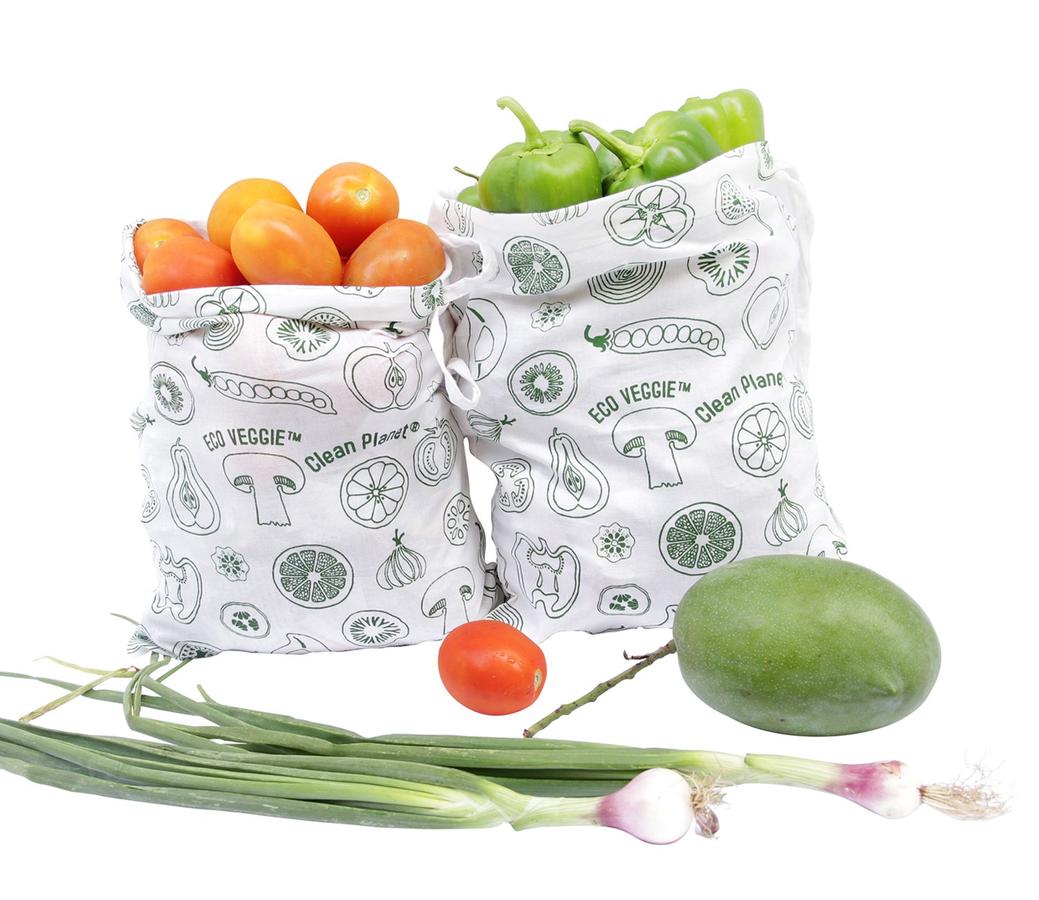 Clean Planet Cotton Handmade Washable Eco-Friendly Fruits & Veggie Printed White Grocery Storage Bag (Pack of 2, Regular)