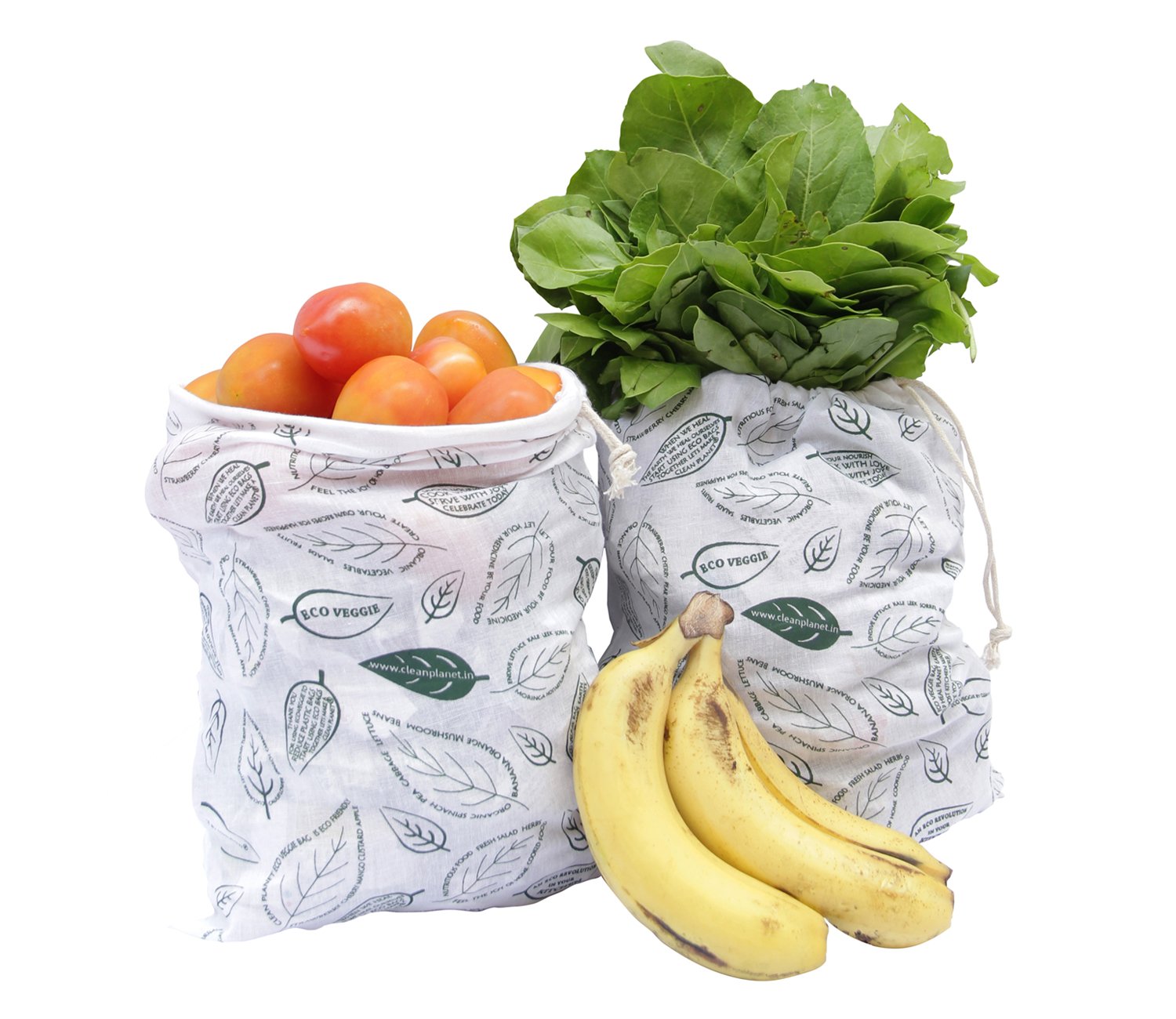 Clean Planet Cotton Handmade Washable Eco-Friendly Leafy Printed White Grocery Storage Bag (Pack of 2, Medium)