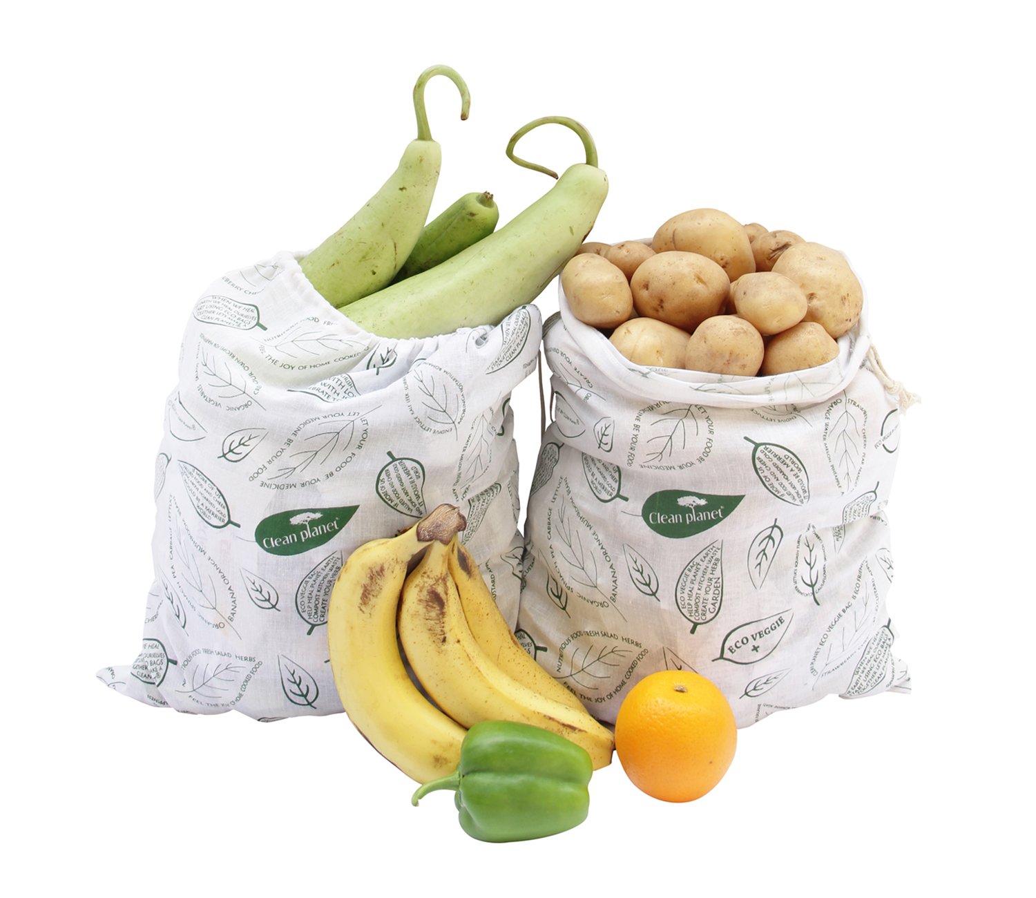 Clean Planet Eco Veggie Large Size (Leafy Print - Set Of 2) - Reusable Eco-friendly Grocery Bags