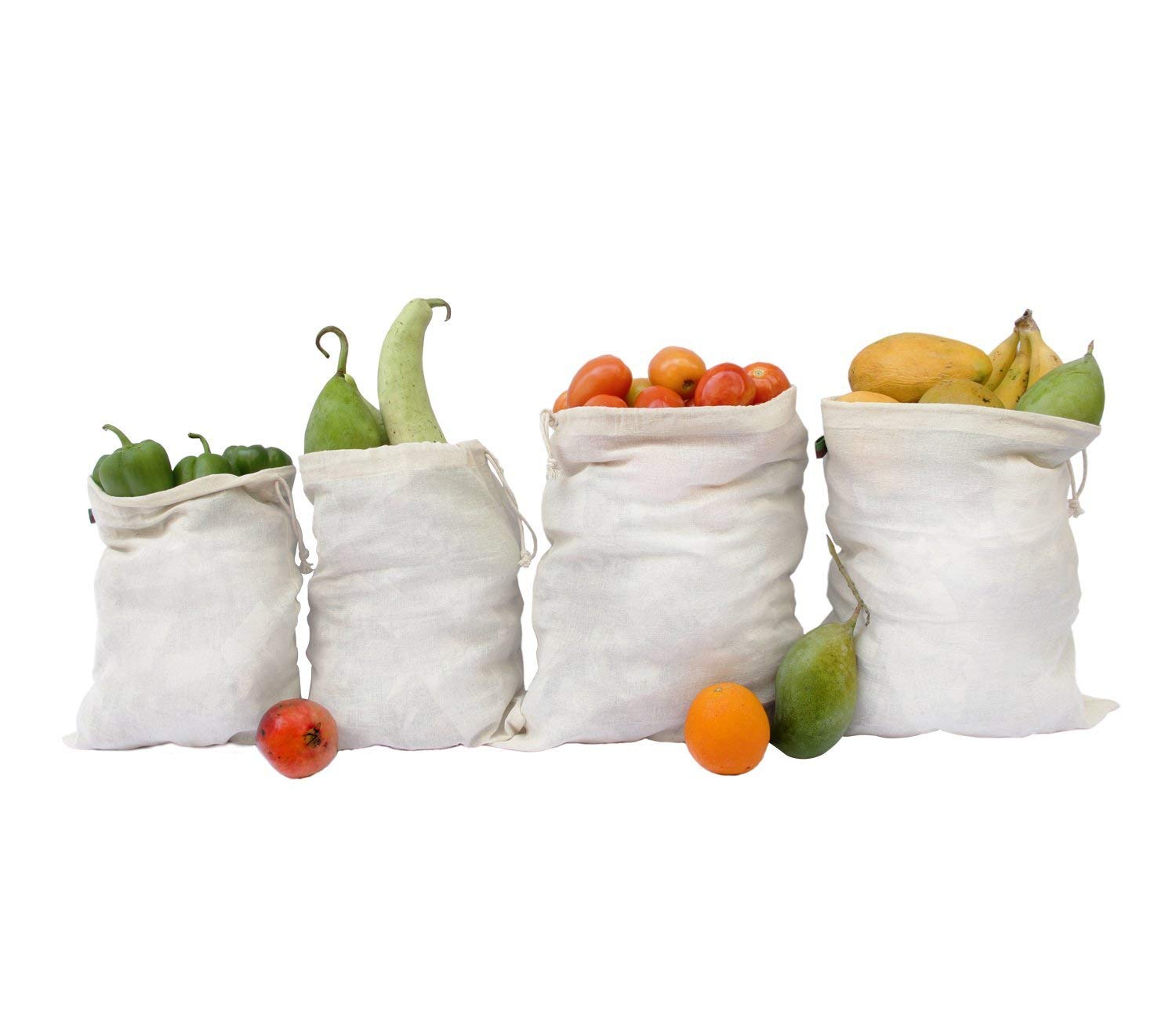 Clean Planet (Eco Veggie Natural Combo Set of 4) Reusable Eco Friendly Cotton Bags, Non Toxic, Fridge Bags, Grocery Bags