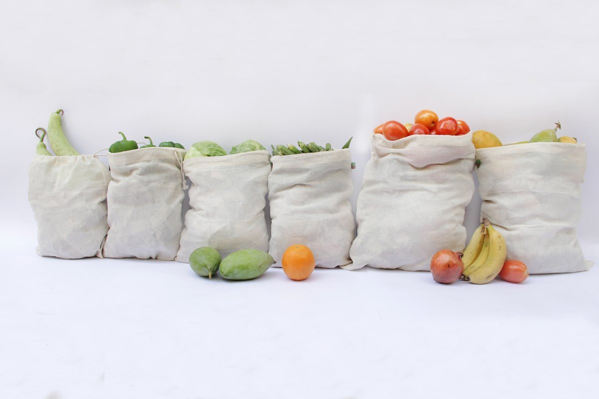 Clean Planet Eco Veggie Natural Cotton Grocery Storage  Bags - Set of 6