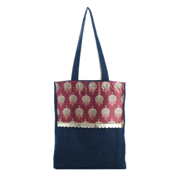 Floral Motif Printed Patch Denim Tote