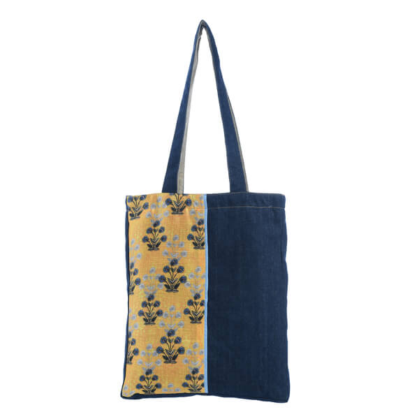 Floral Printed Patch Denim Tote-Yellow