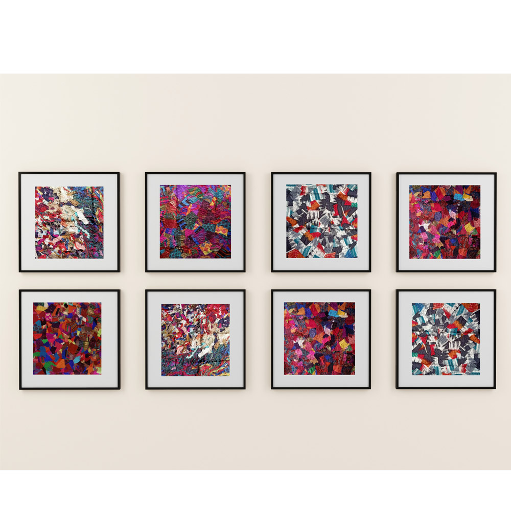 Textile collage wall décor - 8 wall frames - (8 inches x 8 inches) each