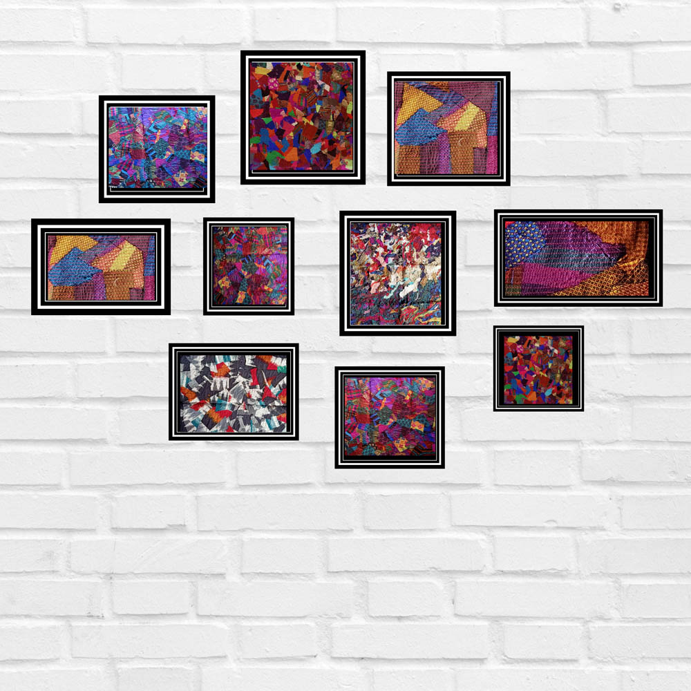 Textile collage wall décor - 10 wall frames of different sizes