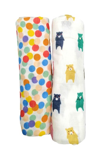 Kindermum Organic Cotton Muslin Swaddle Blanket Large Size - (0-12 Month) 110 cm X 110 cm - Set of 2 - Colorful Polka and Bear