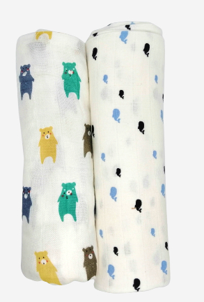 Kindermum Organic Cotton Muslin Swaddle Blanket Large Size - (0-12 Month) 110 cm X 110 cm - Set of 2 - Bear and Whale