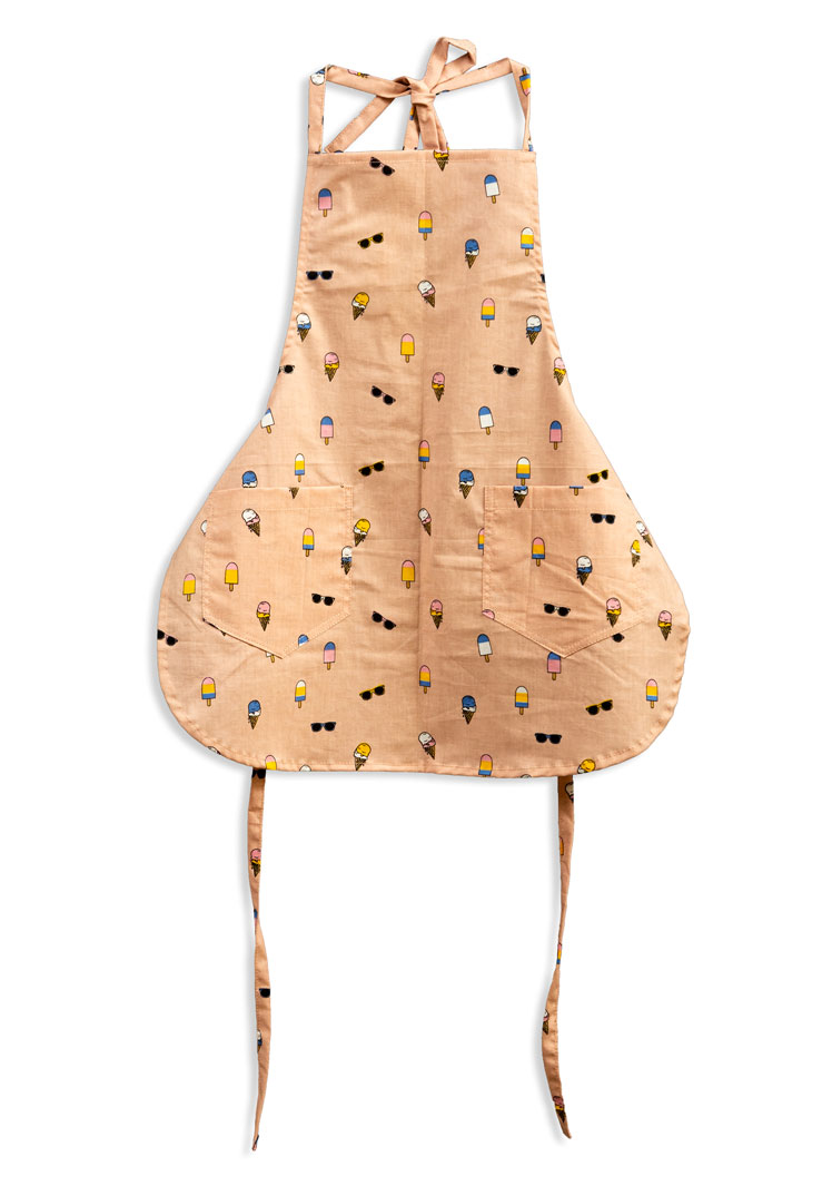 Kids Apron - Light brown with ice cream and Sunglasses print ( Pear-shaped)