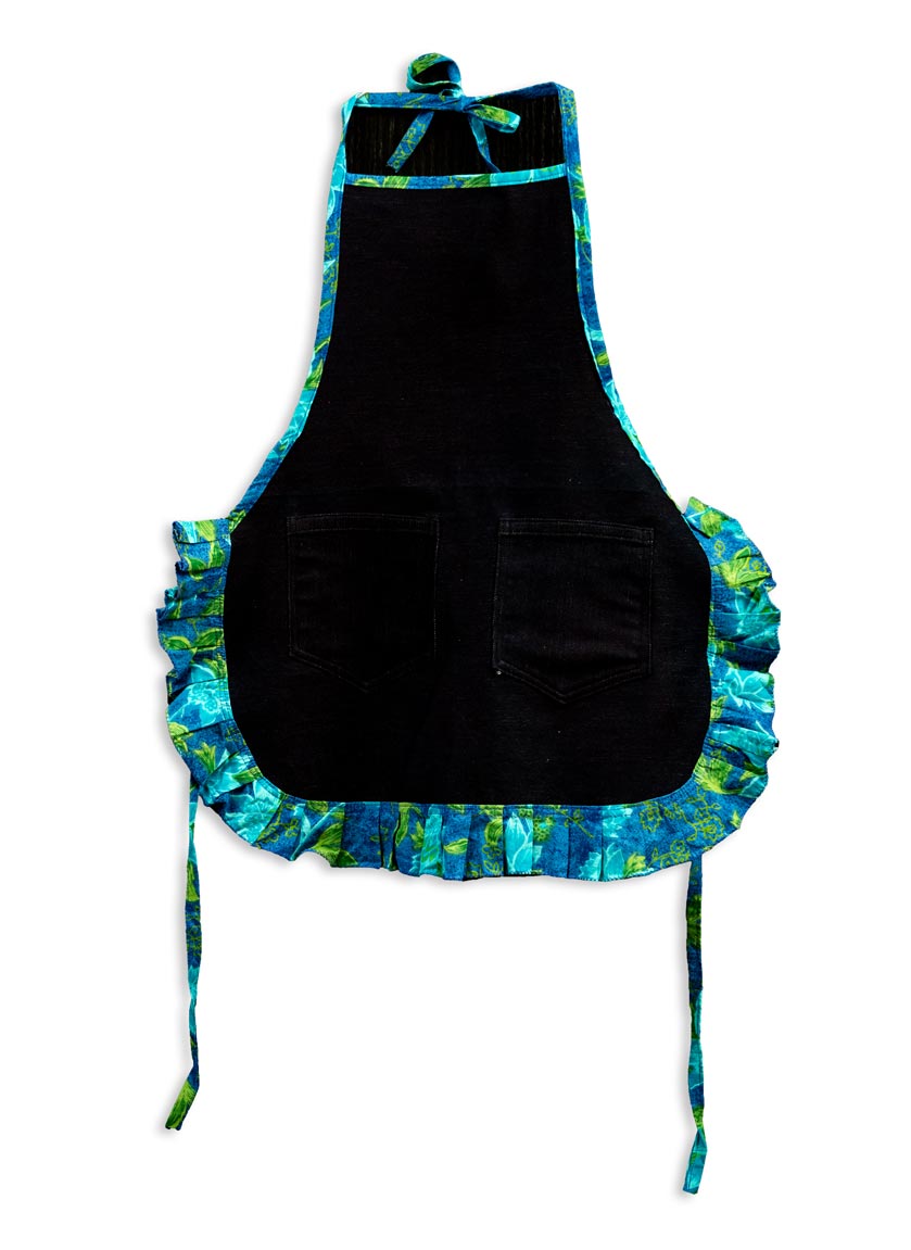 Kids Apron-Black with blue frill