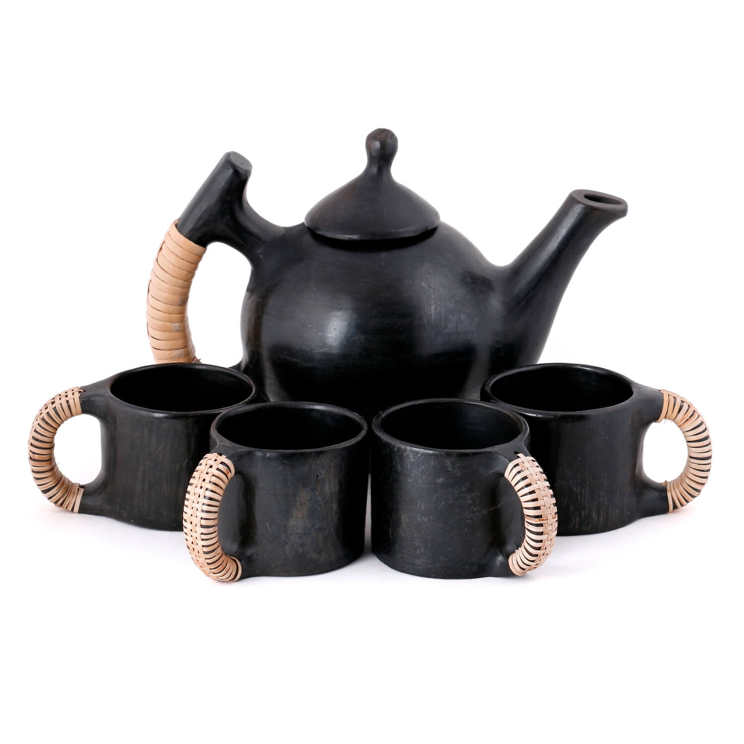 Black Pottery Coffee Cup Set (Set of 4) With Eco-friendly Kettle 