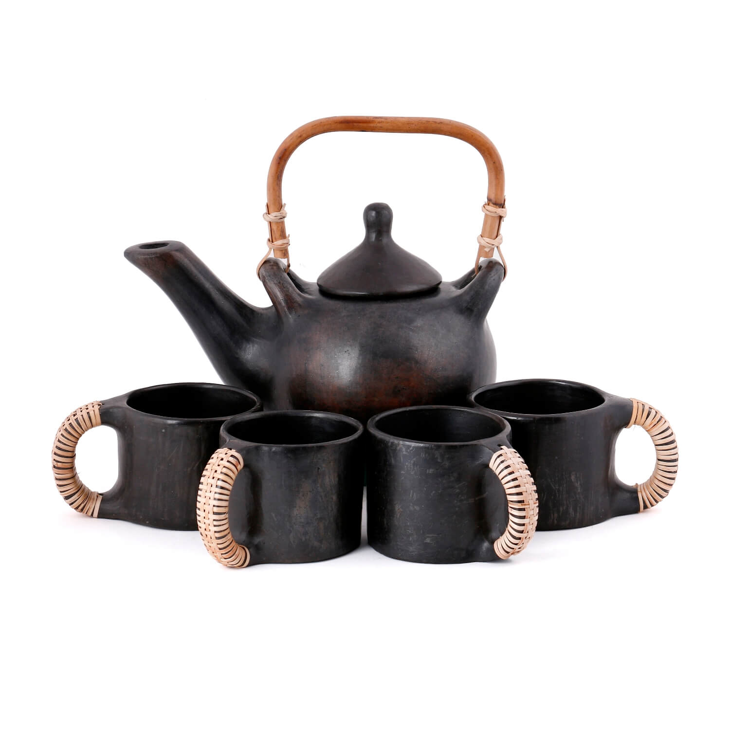 Earthenware Black Stone Kettle & Longpi Tea Cups (Set of 4 cups + 1 kettle)