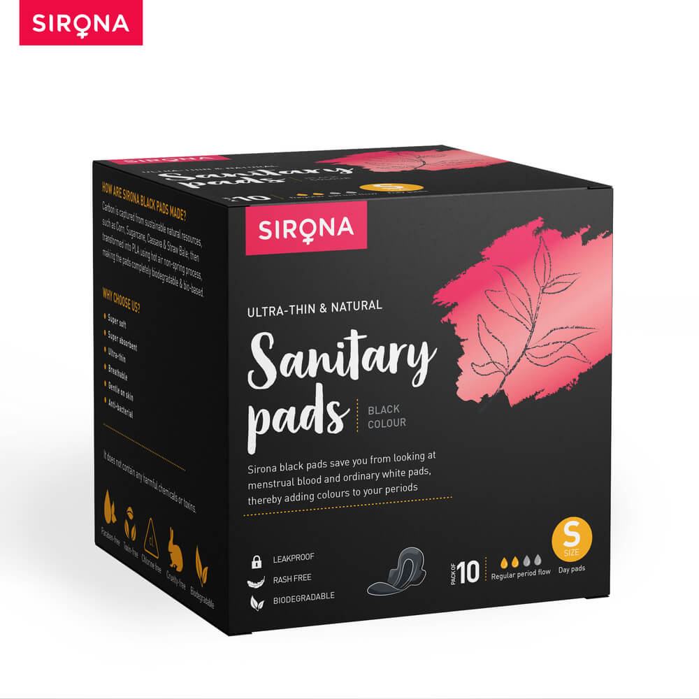 Sirona Biodegradable Super Soft Black Sanitary Pads/Napkins, Antibacterial, Ultra Thin and Rash Free Protection - Small (S) Day Pads (Pack of 10)