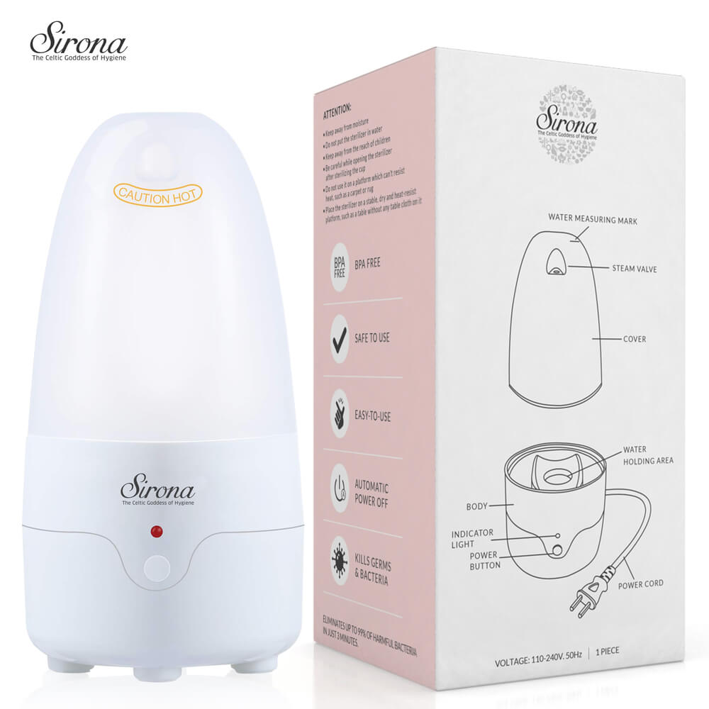 Sirona Menstrual Cup Sterilizer - Clean your Period Cup Effortlessly - Kills 99% of Germs in 3 Minutes with Steam - 1 Unit