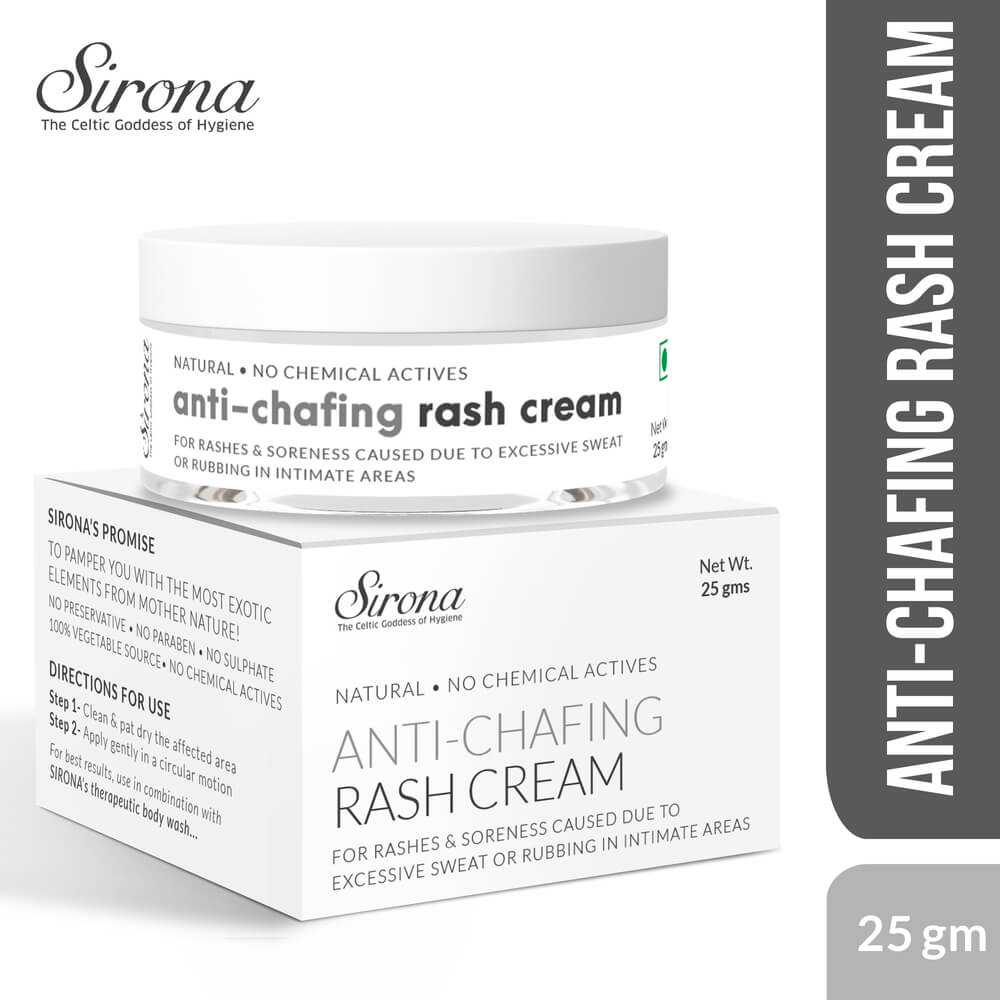 Sirona Natural Anti Chafing Rash Cream- 5 Magical Herbs - Help In Soothing Rashes Due To Pads, Heavy Thighs, Chaffing Due To Sports Activities - 25 Gm