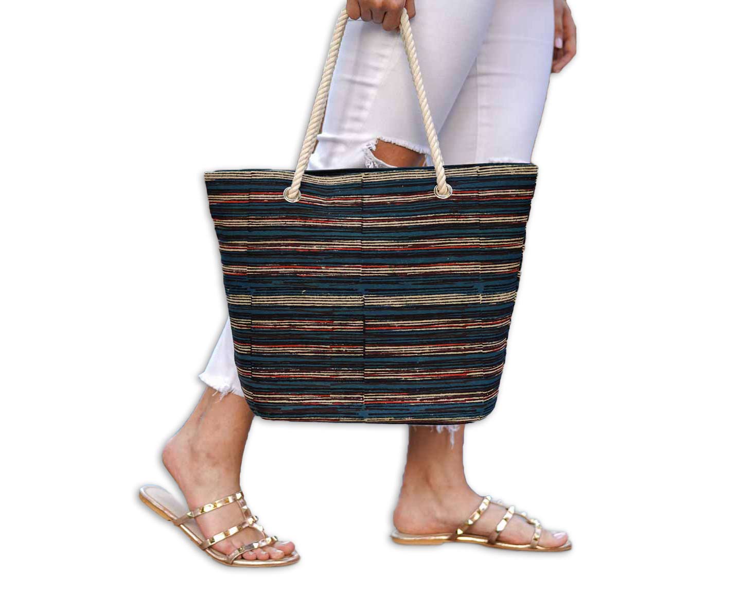 Beach bag  | Women's Handbag - Black with lines