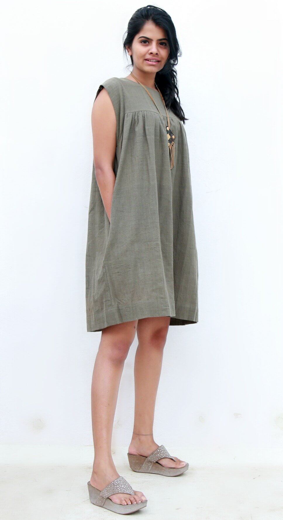 Olive Green Summer Dress with Pockets