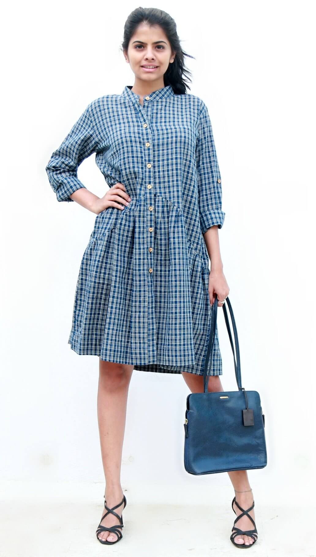 Smart Navy Blue Buttoned Down Short Dress with White Checks with pockets