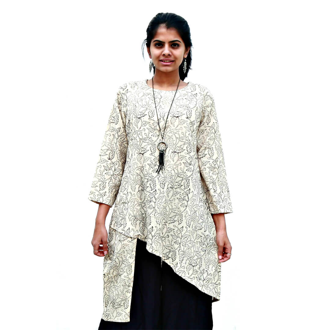 Beige Kurta Top with Black Print