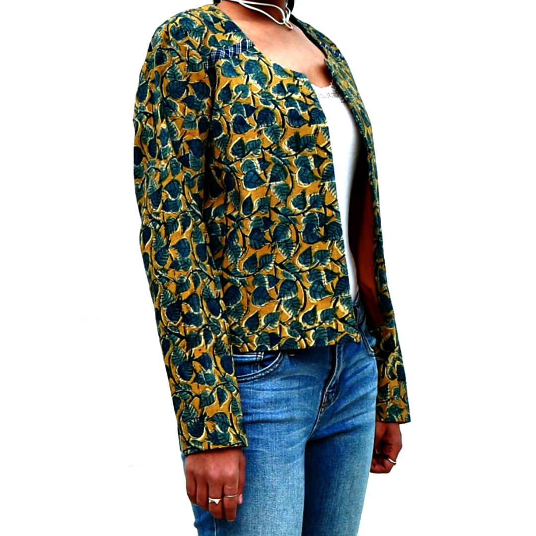 Yellow Ochre Short Jacket with Blue Flower Print