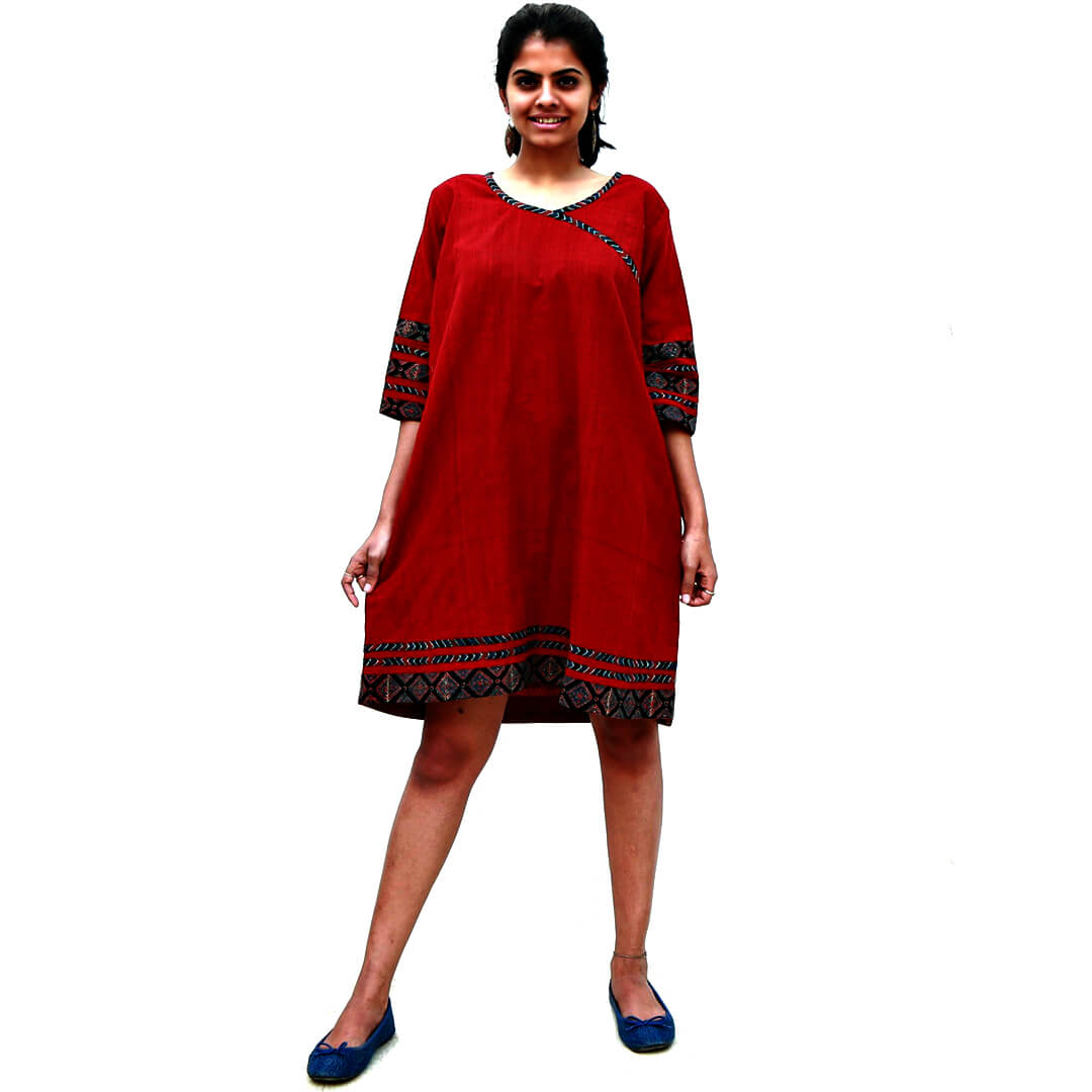 Bold Red Dress with Ajrakh Print Trimmings